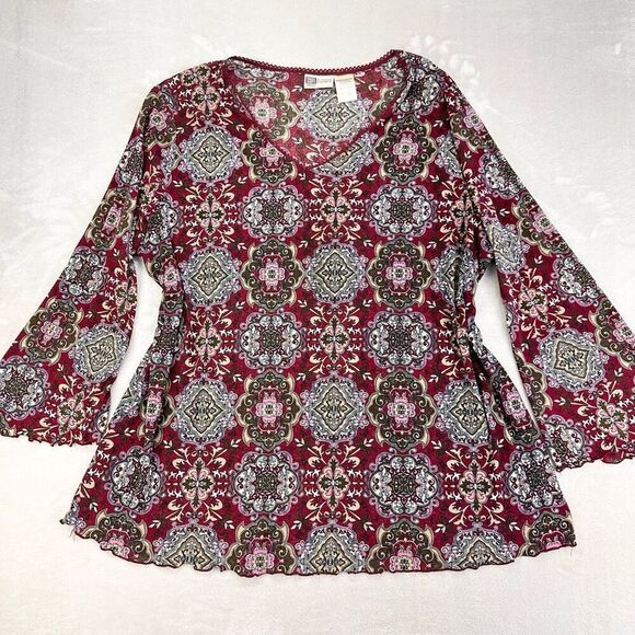 Vintage Faded Glory Blouse Womens 2X V-Neck Bell Sleeve Semi Sheer USA Retro 70s - Picture 1 of 10